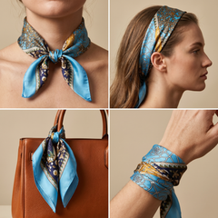 Roselys Paris foulard femme bleu doré baroque carré satiné 70x70 cm, en bandeau dans les cheveux