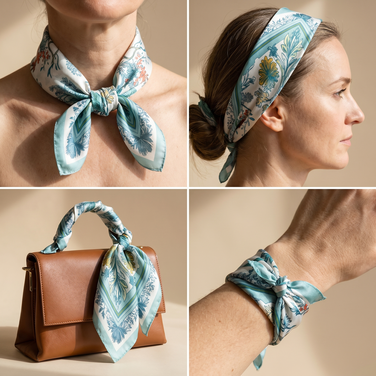 Roselys Paris foulard femme bleu ciel crème fleuri carré satiné 70x70 cm, en bandeau dans les cheveux