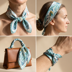 Roselys Paris foulard femme bleu ciel crème fleuri carré satiné 70x70 cm, en bandeau dans les cheveux