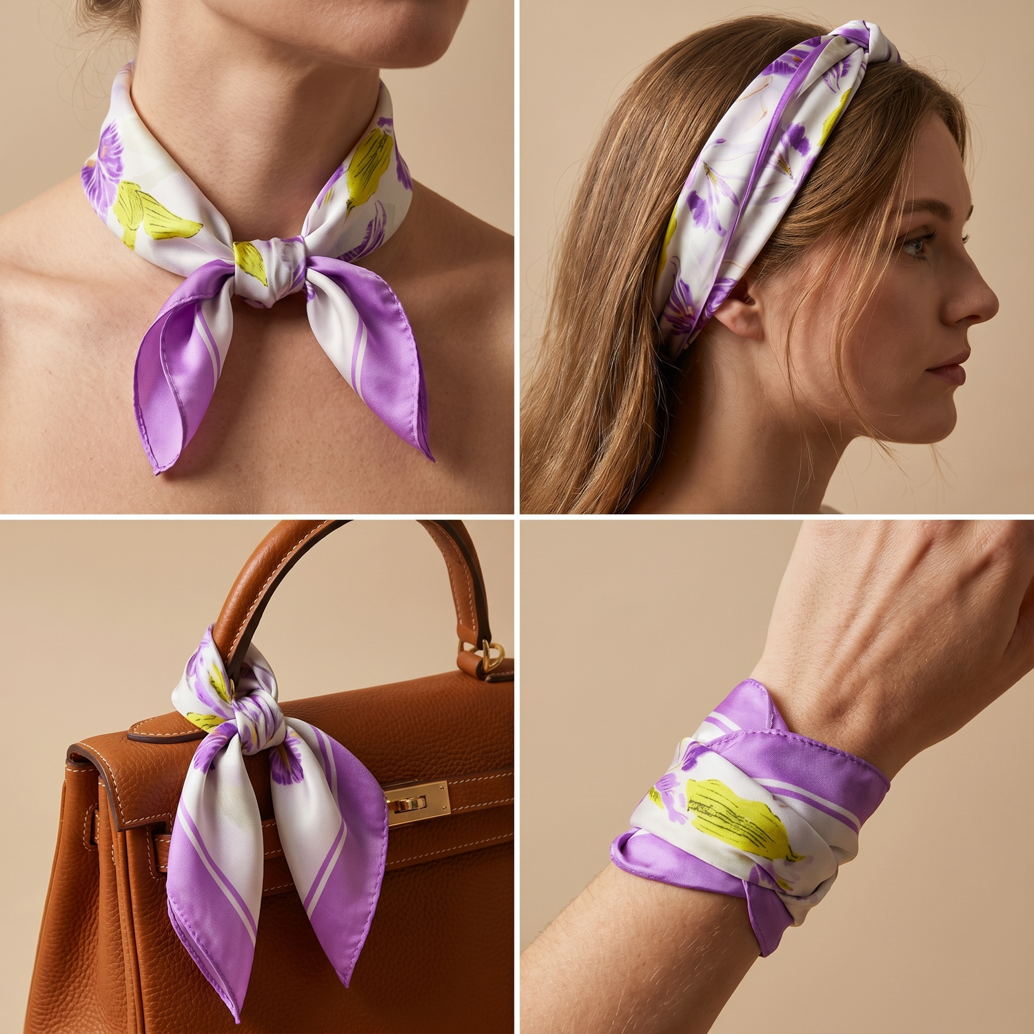Roselys Paris foulard femme violet vert fleuri carré satiné 70x70 cm, en bandeau dans les cheveux