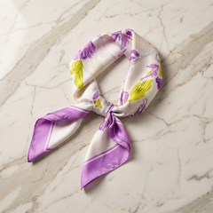 Roselys Paris foulard femme violet vert fleuri carré satiné 70x70 cm