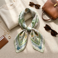 Roselys Paris foulard femme blanc vert fleuri carré satiné 70x70 cm, porté au cou