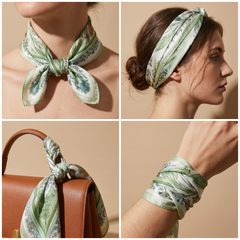 Roselys Paris foulard femme blanc vert fleuri carré satiné 70x70 cm, en bandeau dans les cheveux