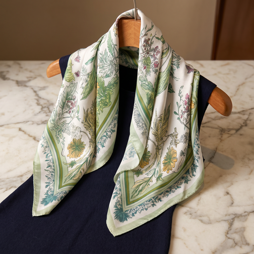 Roselys Paris foulard femme blanc vert fleuri carré satiné 70x70 cm