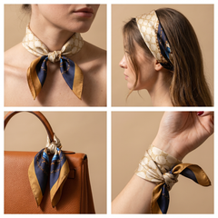 Roselys Paris foulard femme beige marine paisley carré satiné 70x70 cm, en bandeau dans les cheveux
