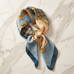 Roselys Paris foulard femme bleu doré baroque carré satiné 70x70 cm
