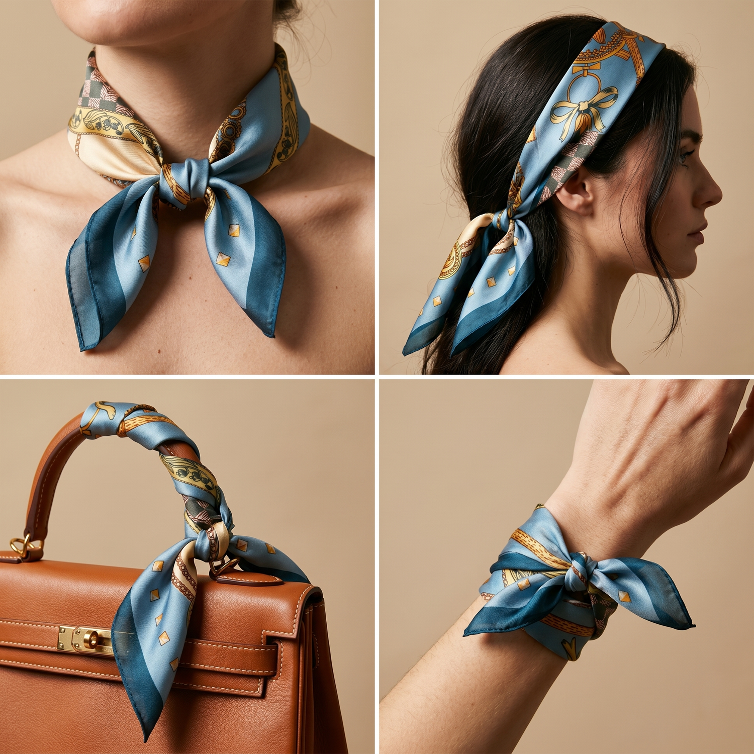 Roselys Paris foulard femme bleu doré baroque carré satiné 70x70 cm, en bandeau dans les cheveux