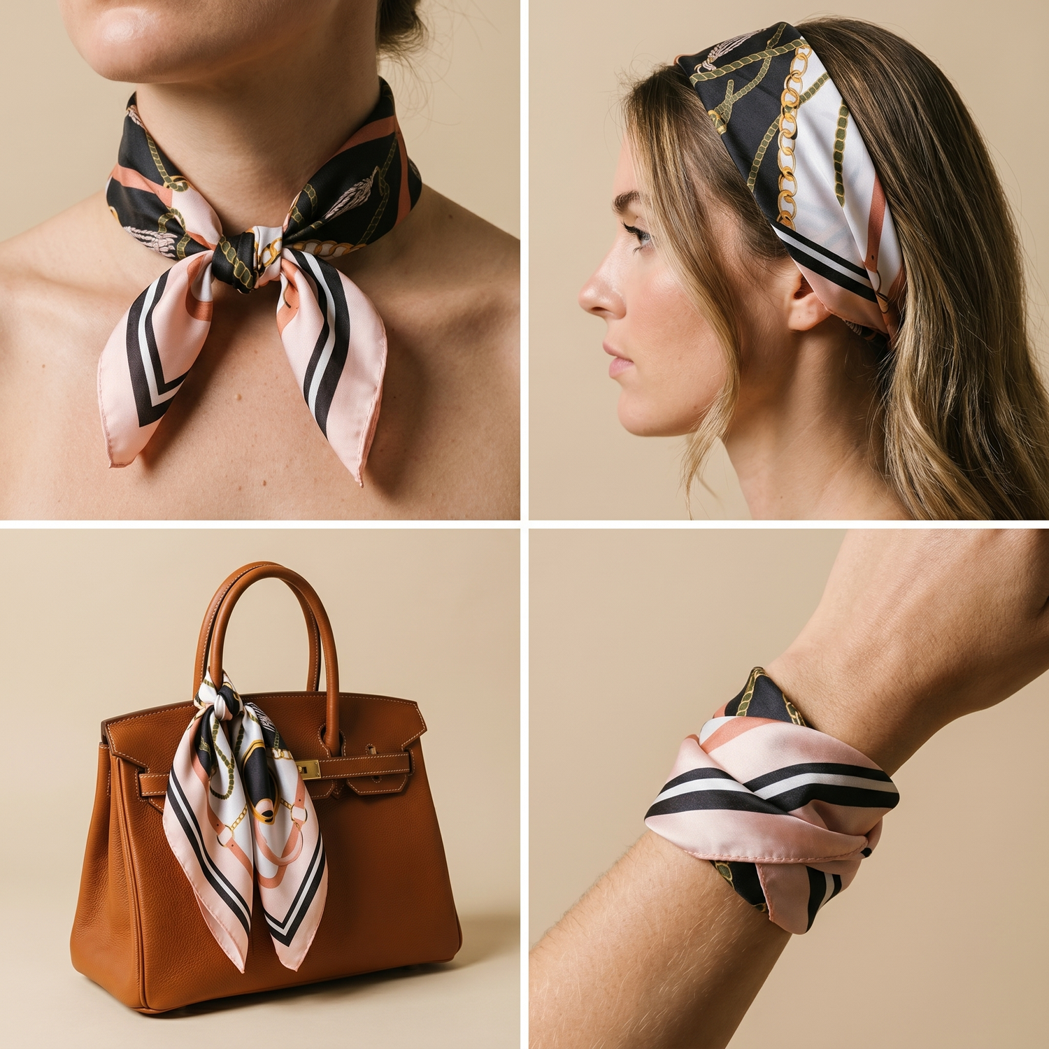 Roselys Paris foulard femme noir rose fleuri carré satiné 70x70 cm, en bandeau dans les cheveux