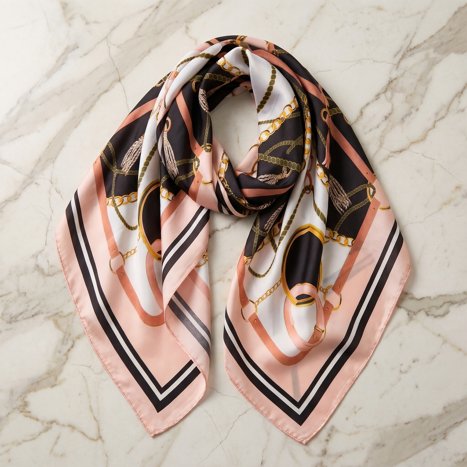 Roselys Paris foulard femme noir rose fleuri carré satiné 70x70 cm