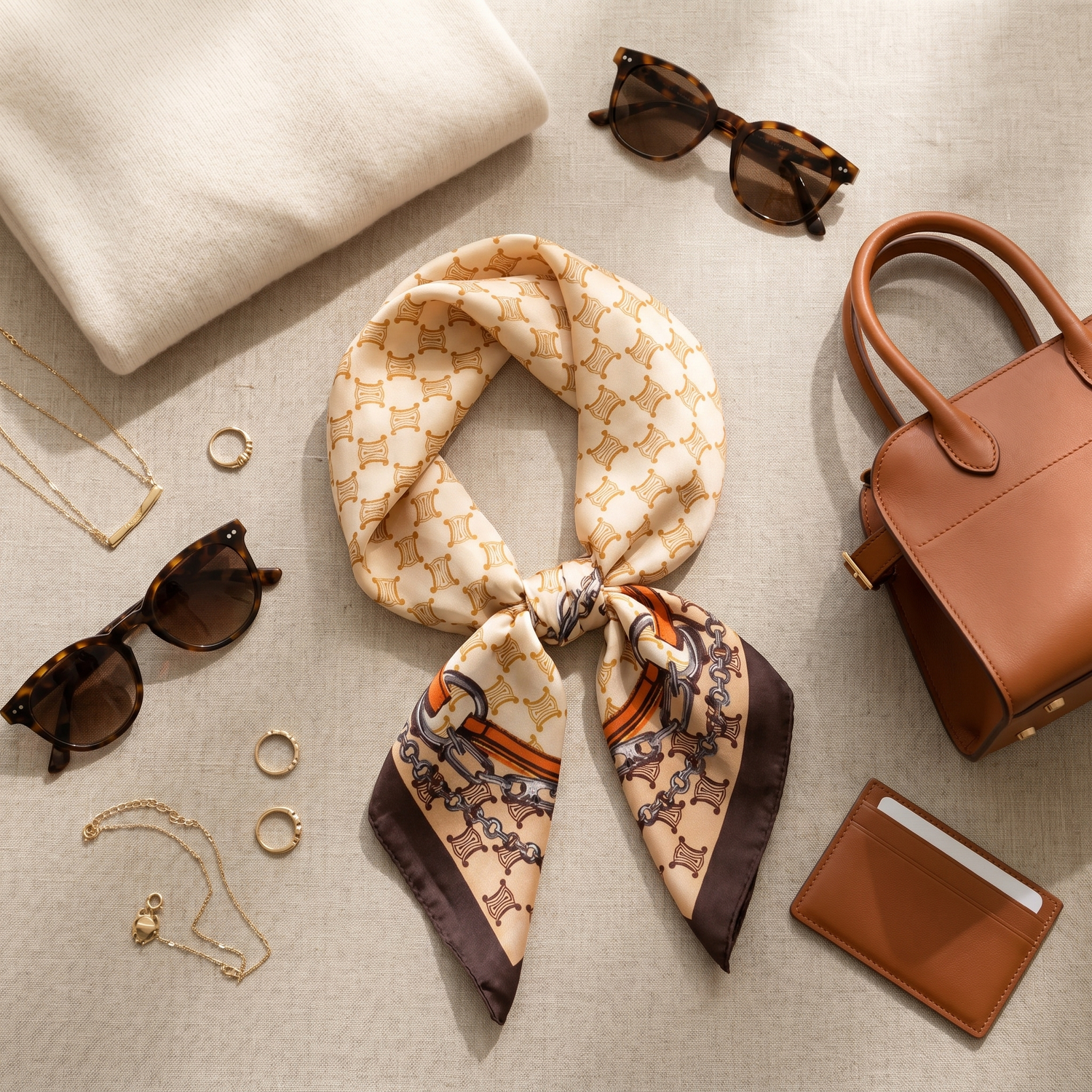 Roselys Paris foulard femme crème marron baroque carré satiné 70x70 cm, porté au cou