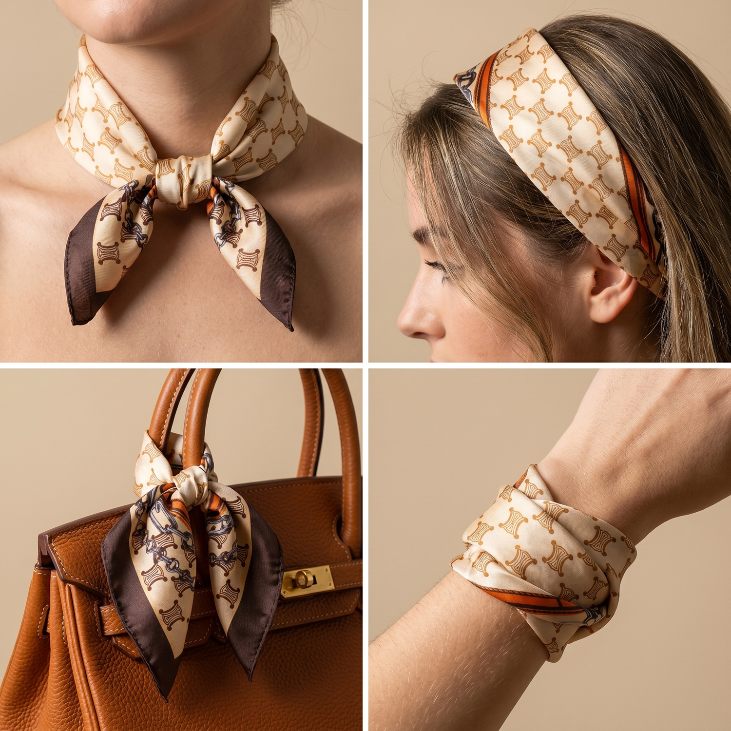 Roselys Paris foulard femme crème marron baroque carré satiné 70x70 cm, en bandeau dans les cheveux