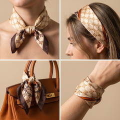 Roselys Paris foulard femme crème marron baroque carré satiné 70x70 cm, en bandeau dans les cheveux
