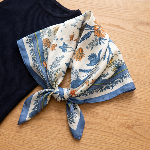 Roselys Paris foulard femme blanc bleu fleuri carré satiné 70x70 cm