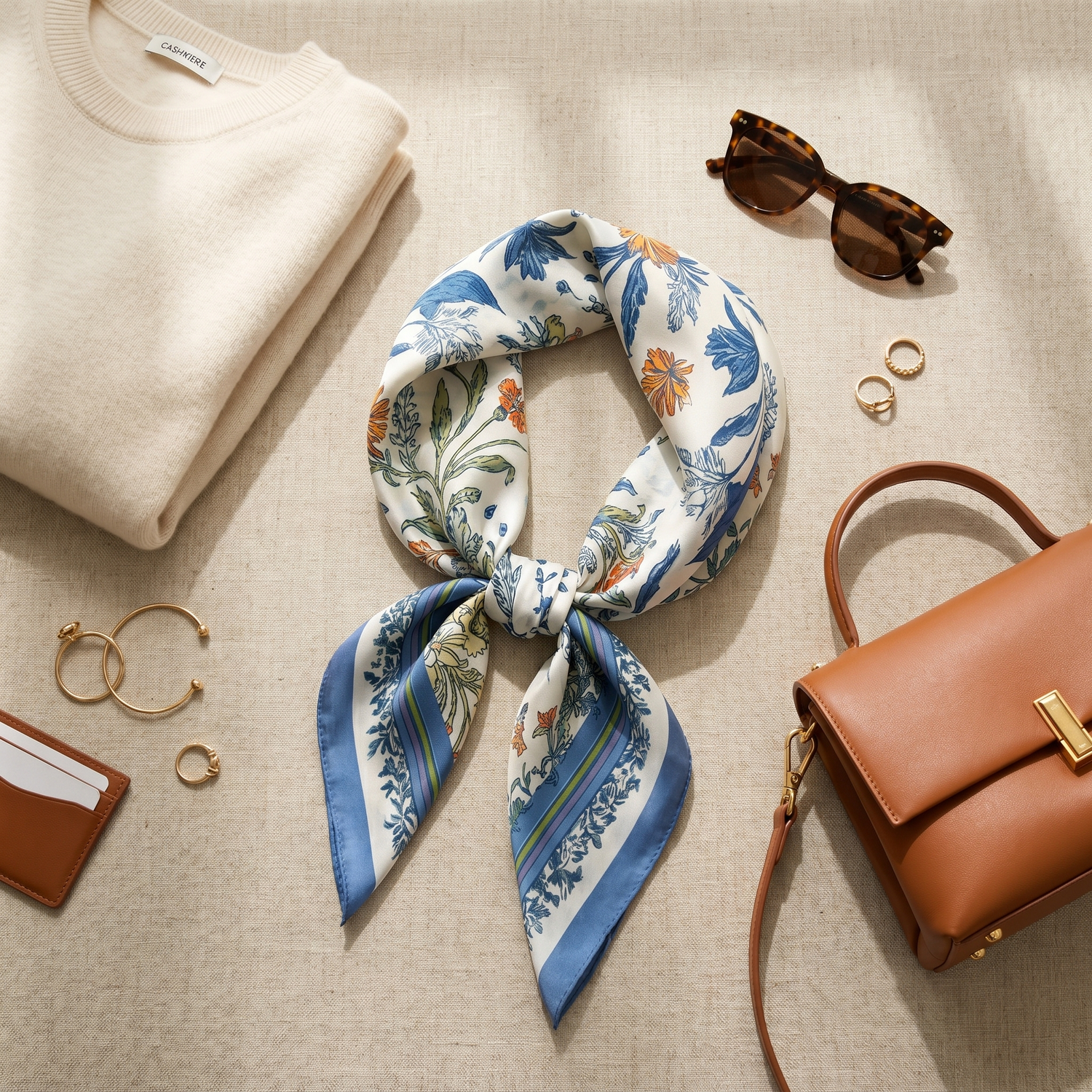 Roselys Paris foulard femme blanc bleu fleuri carré satiné 70x70 cm, porté au cou