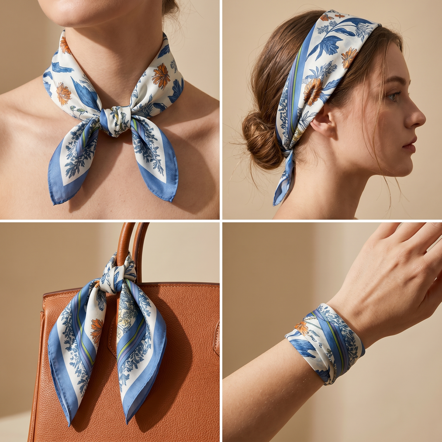 Roselys Paris foulard femme blanc bleu fleuri carré satiné 70x70 cm, en bandeau dans les cheveux