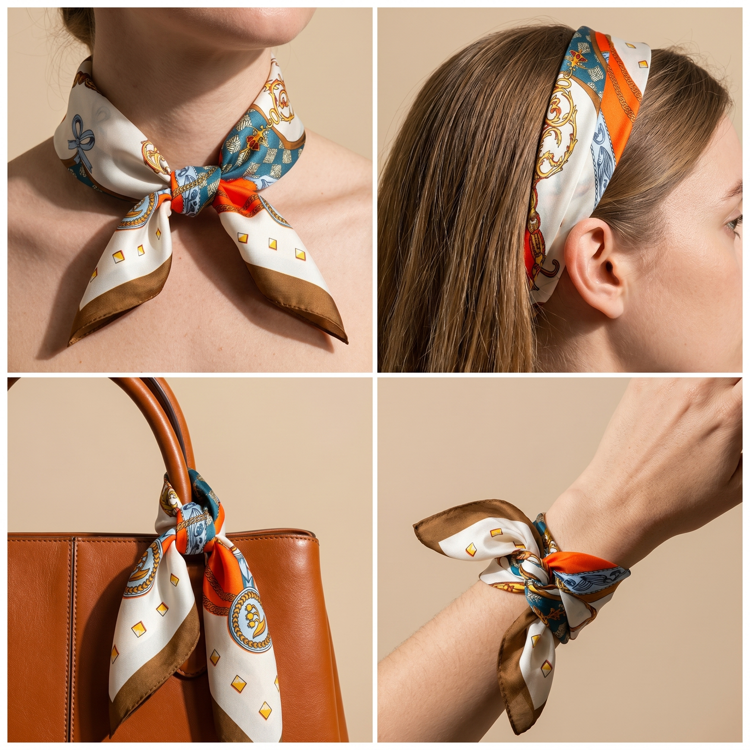 Roselys Paris foulard femme crème bleu baroque carré satiné 70x70 cm, en bandeau dans les cheveux