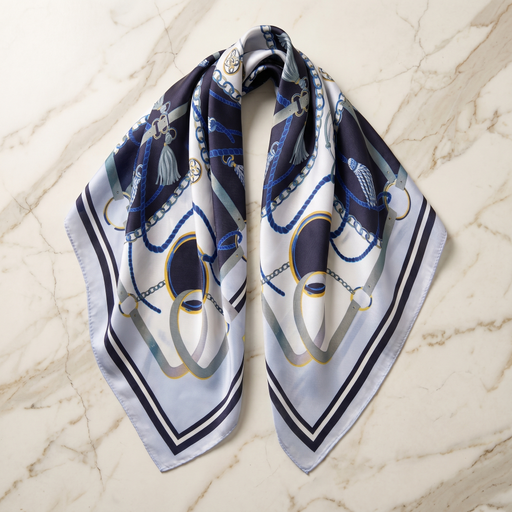Roselys Paris foulard femme blanc marine baroque carré satiné 70x70 cm
