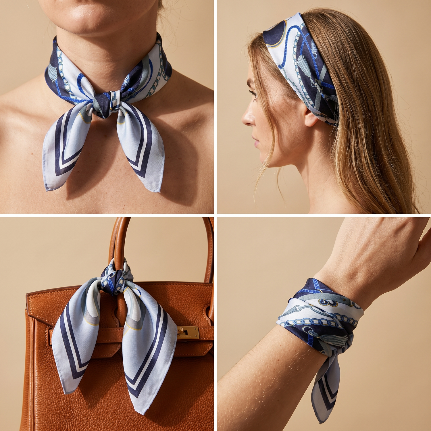 Roselys Paris foulard femme blanc marine baroque carré satiné 70x70 cm, en bandeau dans les cheveux