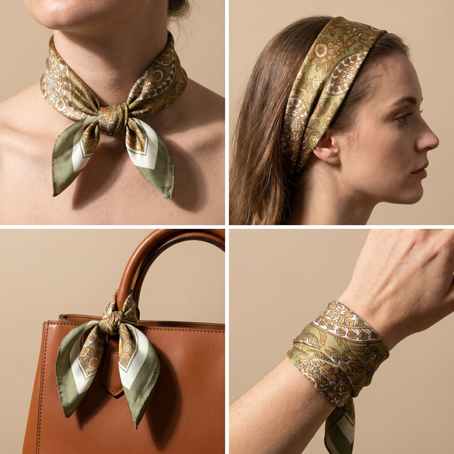 Roselys Paris foulard femme vert doré paisley carré satiné 70x70 cm, en bandeau dans les cheveux
