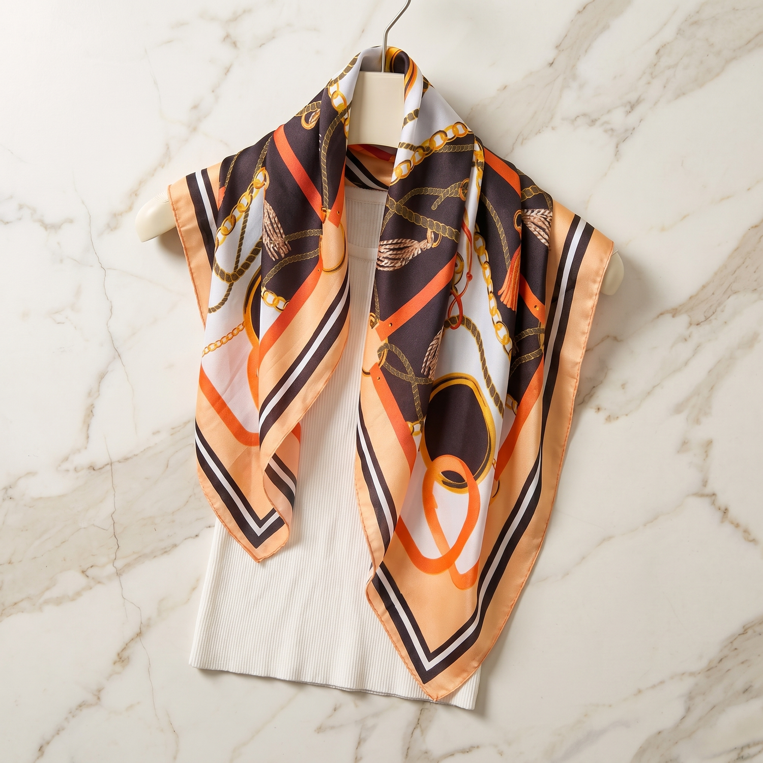 Roselys Paris foulard femme crème orange baroque carré satiné 70x70 cm