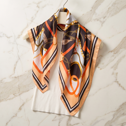 Roselys Paris foulard femme crème orange baroque carré satiné 70x70 cm