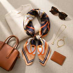 Roselys Paris foulard femme crème orange baroque carré satiné 70x70 cm, porté au cou