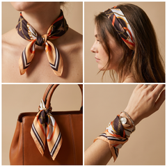 Roselys Paris foulard femme crème orange baroque carré satiné 70x70 cm, en bandeau dans les cheveux