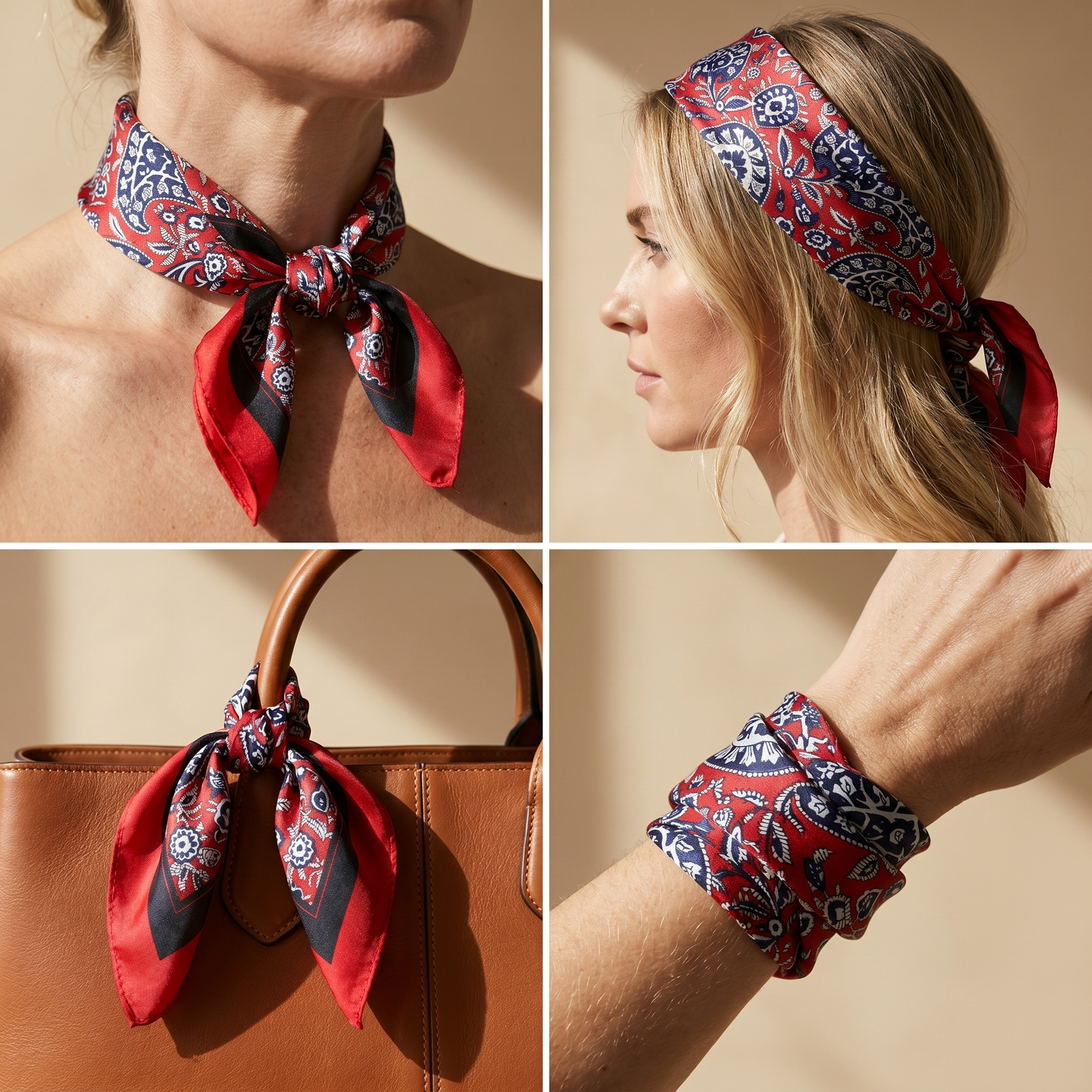 Roselys Paris foulard femme rouge marine paisley carré satiné 70x70 cm, porté au cou