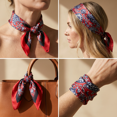 Roselys Paris foulard femme rouge marine paisley carré satiné 70x70 cm, porté au cou