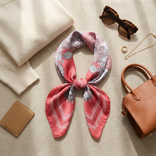 Roselys Paris foulard femme rose gris fleuri carré satiné 70x70 cm
