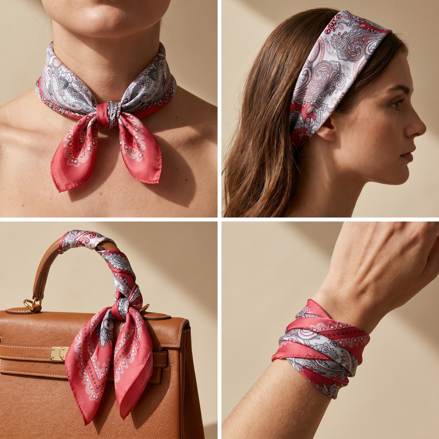Roselys Paris foulard femme rose gris fleuri carré satiné 70x70 cm, porté au cou
