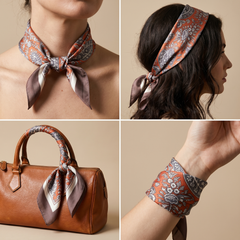 Roselys Paris foulard femme gris orange paisley carré satiné 70x70 cm, en bandeau dans les cheveux