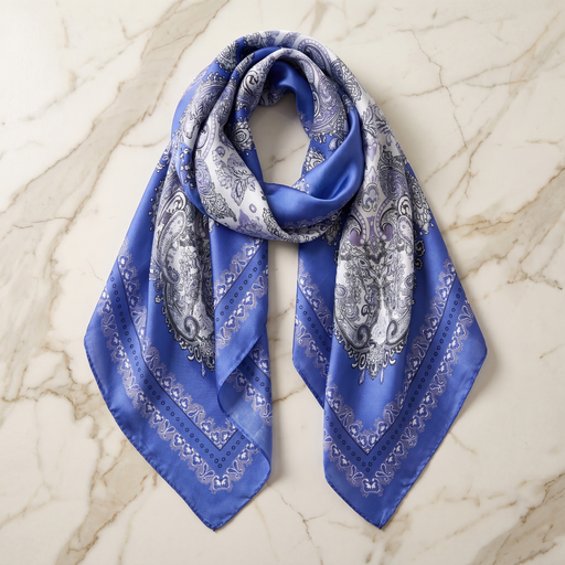 Roselys Paris foulard femme bleu blanc paisley carré satiné 70x70 cm