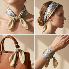 Roselys Paris foulard femme beige gris paisley carré satiné 70x70 cm, en bandeau dans les cheveux