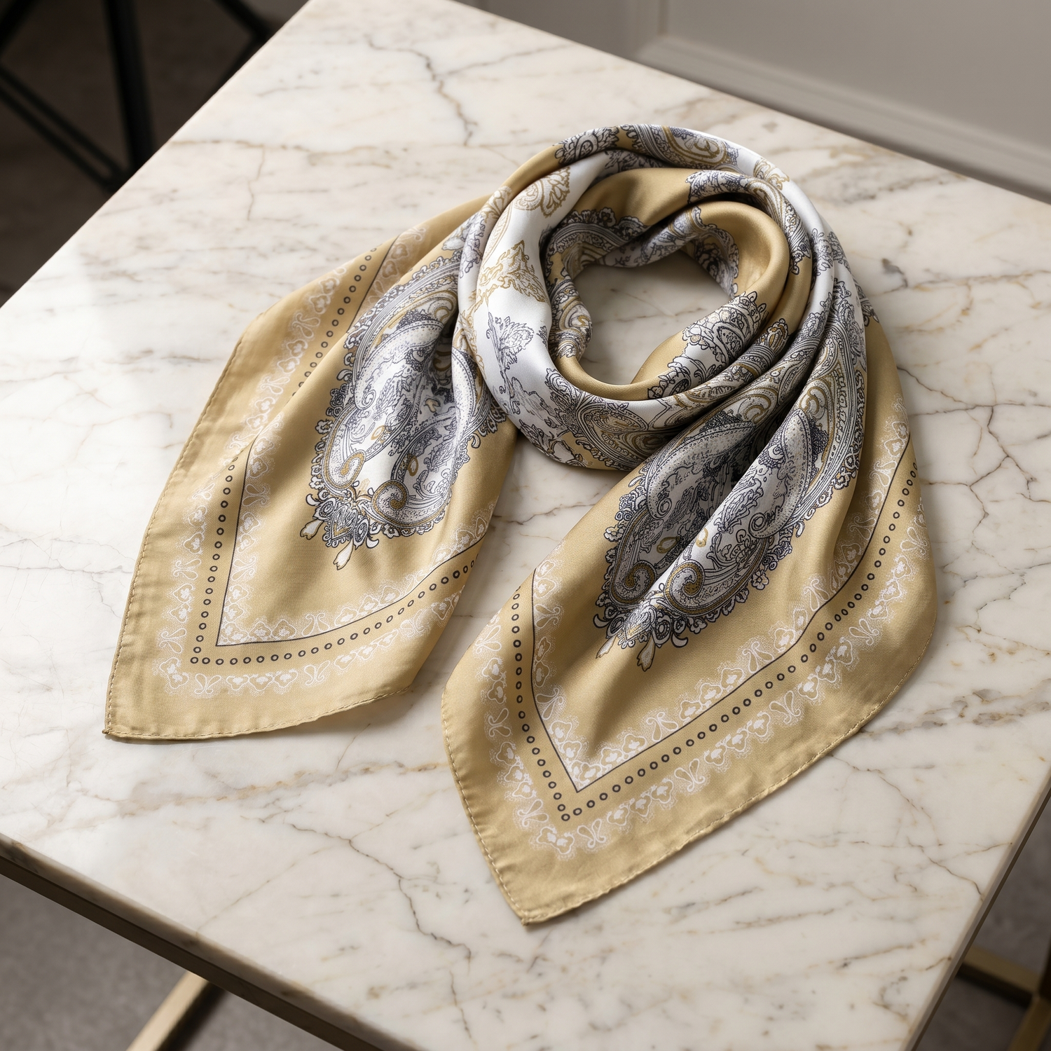 Roselys Paris foulard femme beige gris paisley carré satiné 70x70 cm