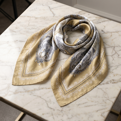 Roselys Paris foulard femme beige gris paisley carré satiné 70x70 cm
