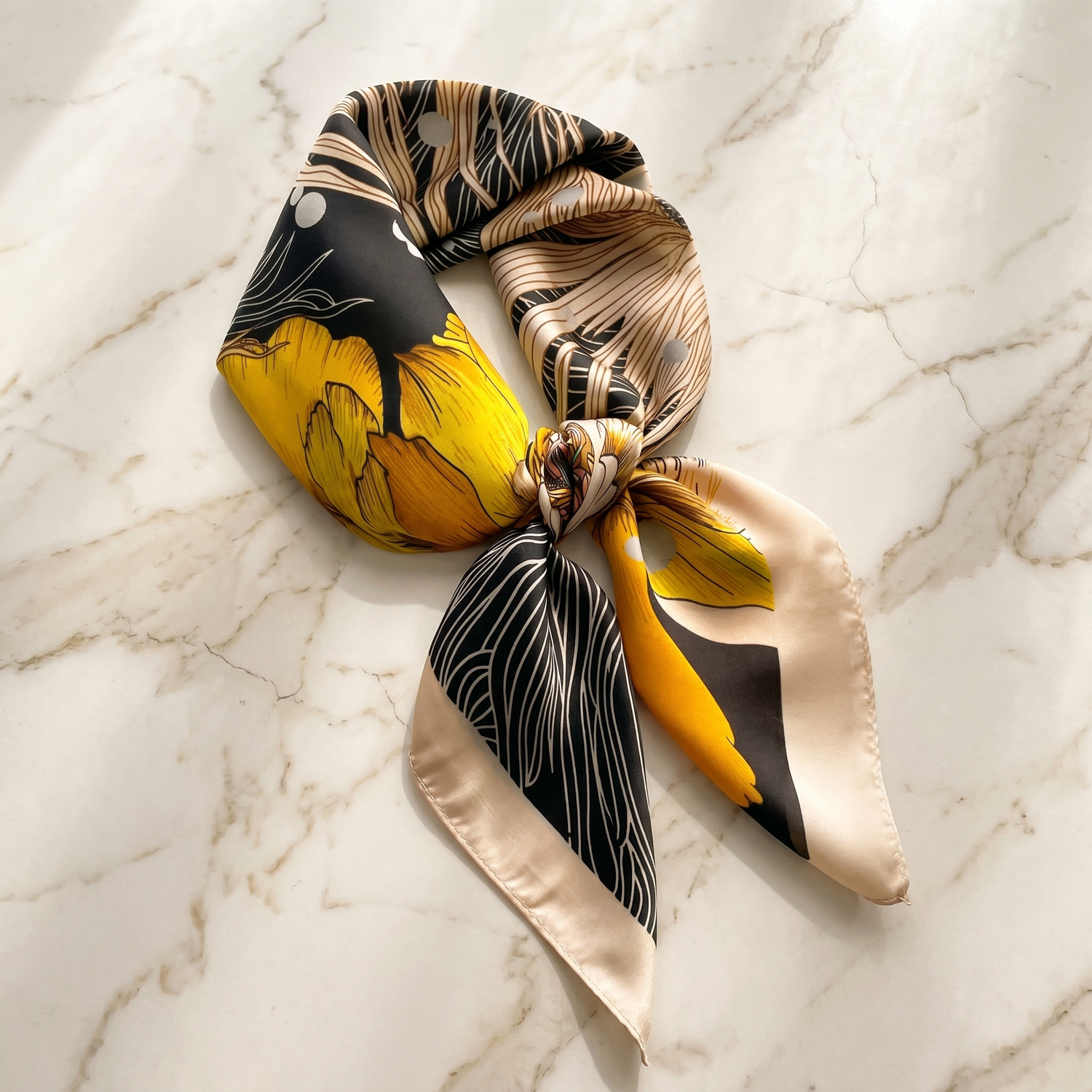 Roselys Paris foulard femme jaune noir abstrait carré satiné 70x70 cm