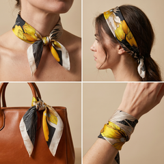 Roselys Paris foulard femme jaune noir abstrait carré satiné 70x70 cm, en bandeau dans les cheveux