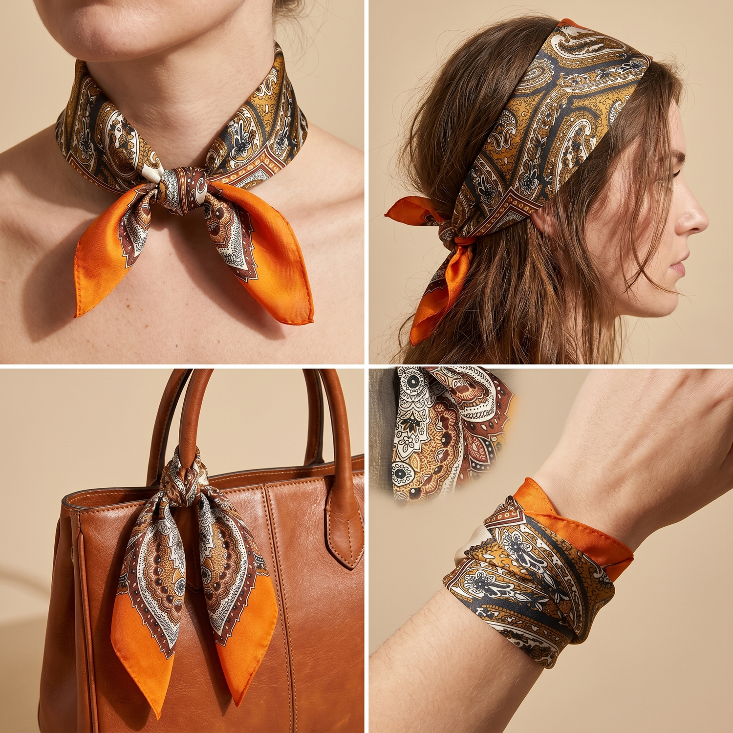 Roselys Paris foulard femme orange crème paisley carré satiné 70x70 cm, en bandeau dans les cheveux