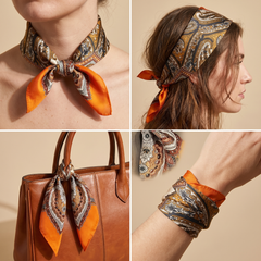 Roselys Paris foulard femme orange crème paisley carré satiné 70x70 cm, en bandeau dans les cheveux