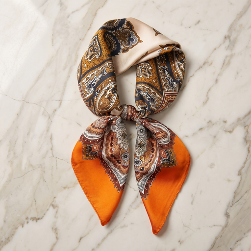 Roselys Paris foulard femme orange crème paisley carré satiné 70x70 cm