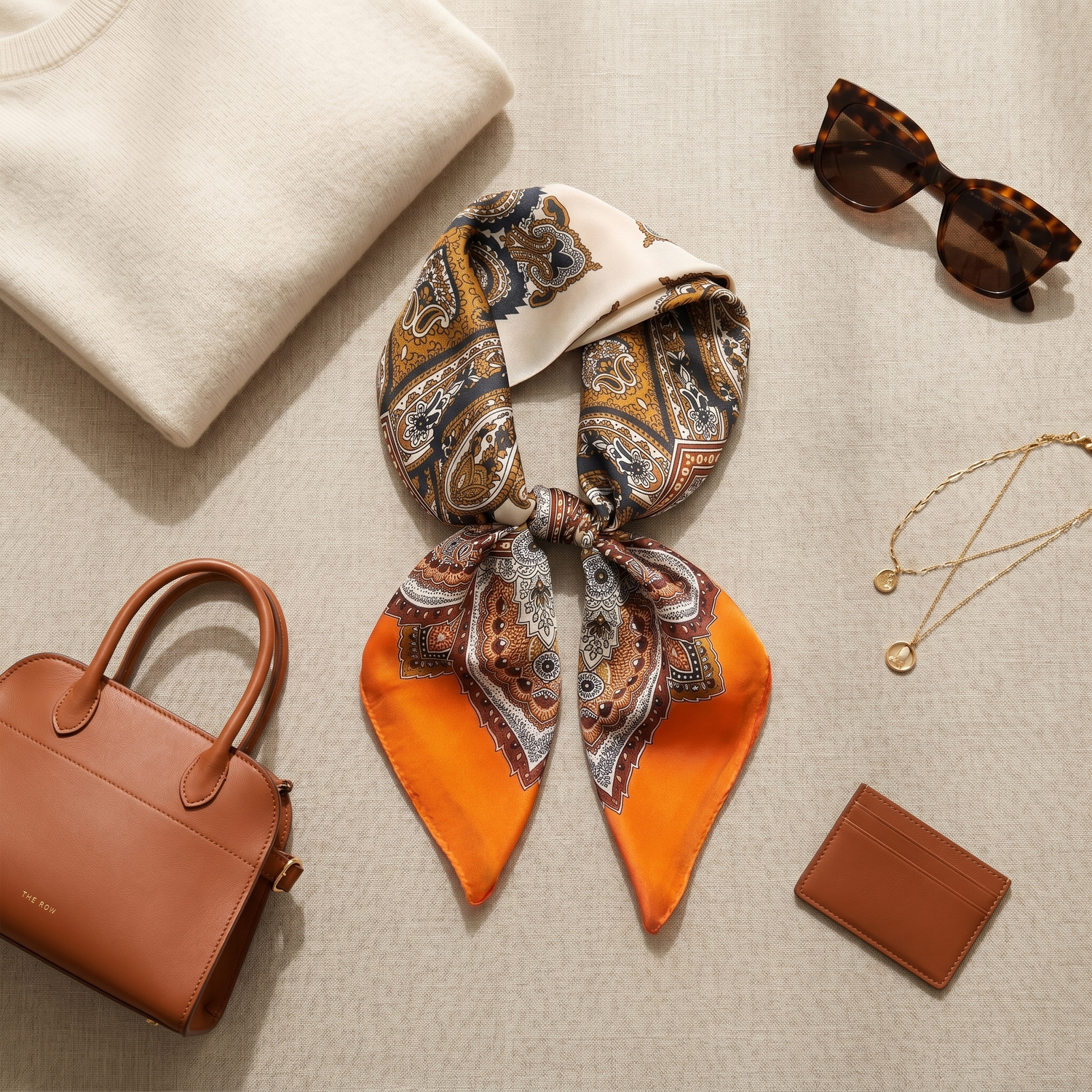 Roselys Paris foulard femme orange crème paisley carré satiné 70x70 cm, porté au cou