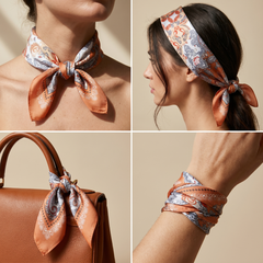 Roselys Paris foulard femme orange gris paisley carré satiné 70x70 cm, en bandeau dans les cheveux