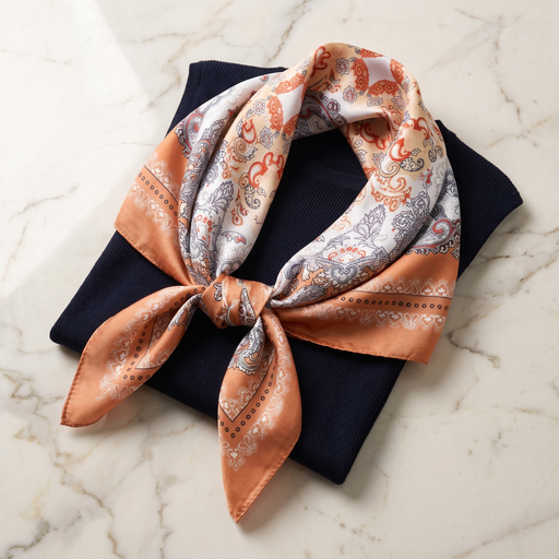 Roselys Paris foulard femme orange gris paisley carré satiné 70x70 cm