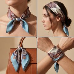 Roselys Paris foulard femme crème bleu ciel paisley carré satiné 70x70 cm, en bandeau dans les cheveux