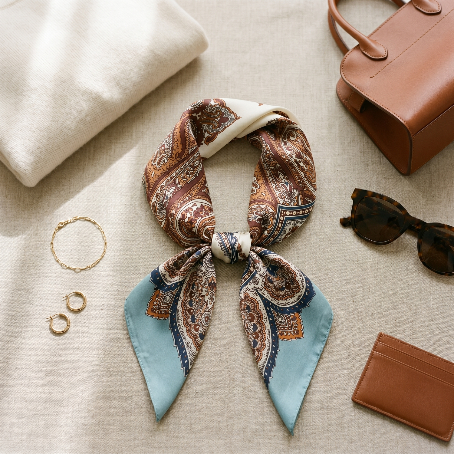 Roselys Paris foulard femme crème bleu ciel paisley carré satiné 70x70 cm, porté au cou