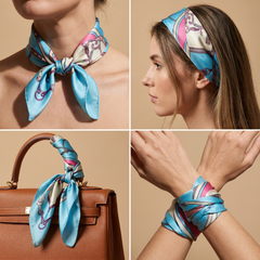 Roselys Paris foulard femme turquoise crème baroque carré satiné 70x70 cm, en bandeau dans les cheveux
