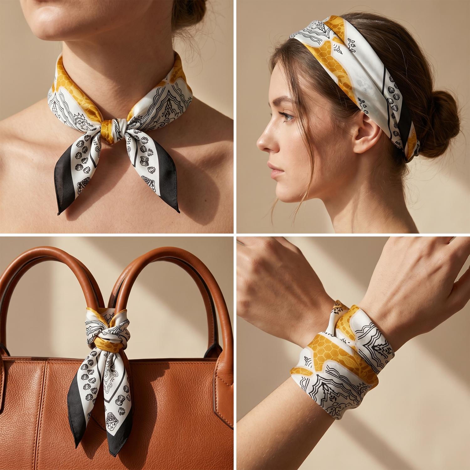Roselys Paris foulard femme crème doré baroque carré satiné 70x70 cm, en bandeau dans les cheveux