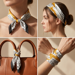 Roselys Paris foulard femme crème doré baroque carré satiné 70x70 cm, en bandeau dans les cheveux