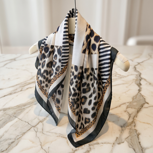 Roselys Paris foulard femme blanc noir animalier carré satiné 70x70 cm